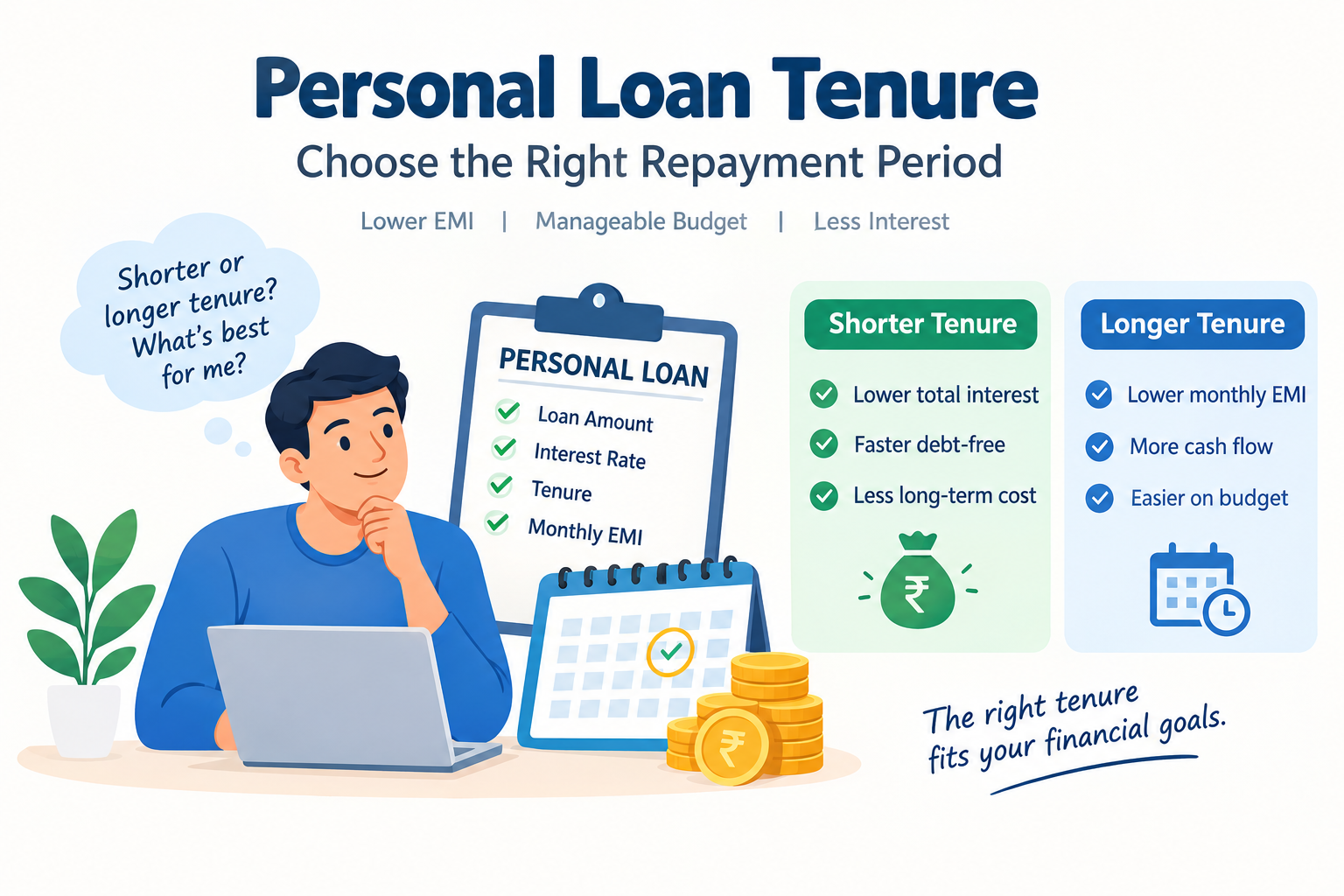 Personal loan tenure infographic showing short and long repayment periods, EMI, interest cost, monthly budget, and choosing a suitable loan repayment tenure.